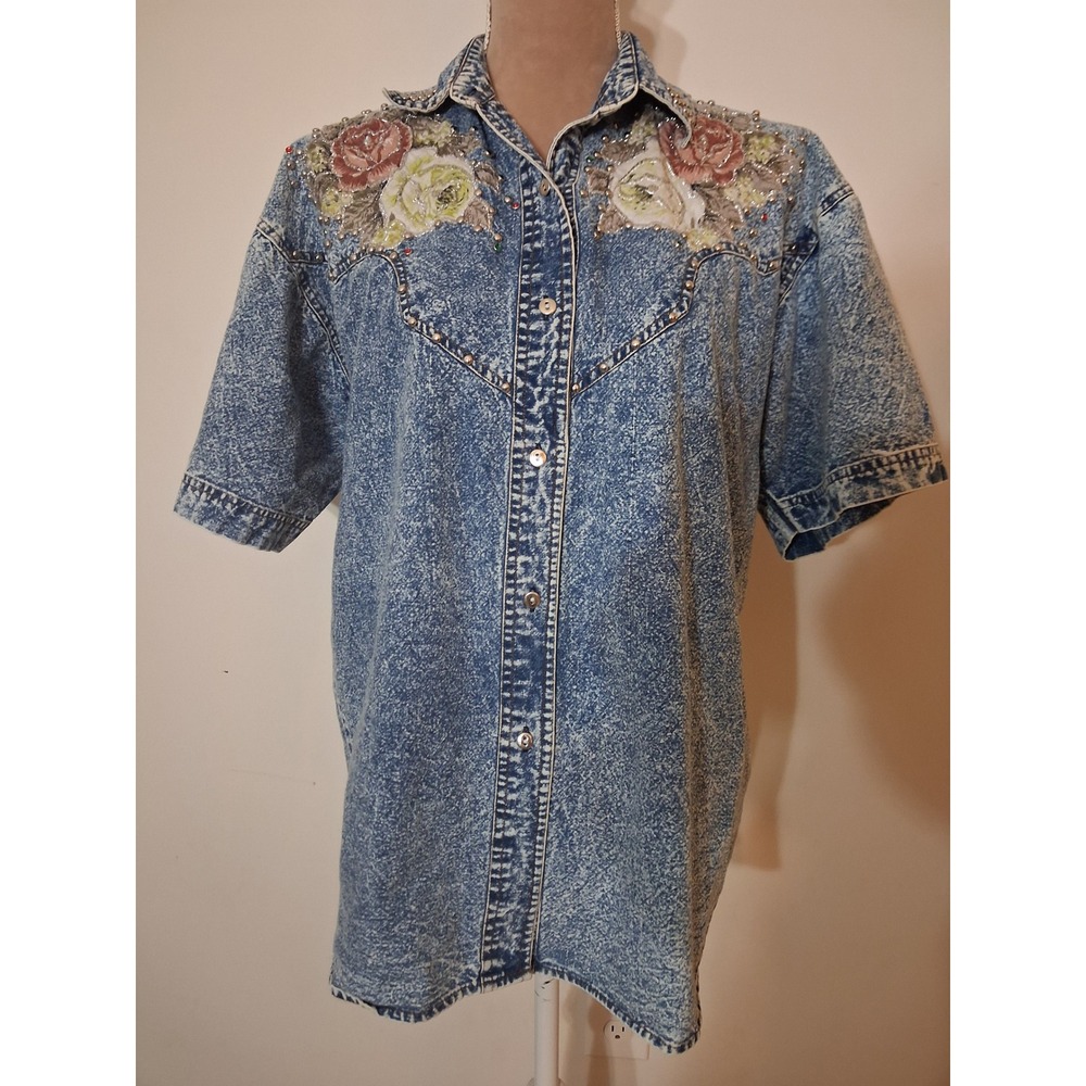 Pretty Bleu Vintage Acid Wash Denim Western Shirt Floral Studded Blue Large